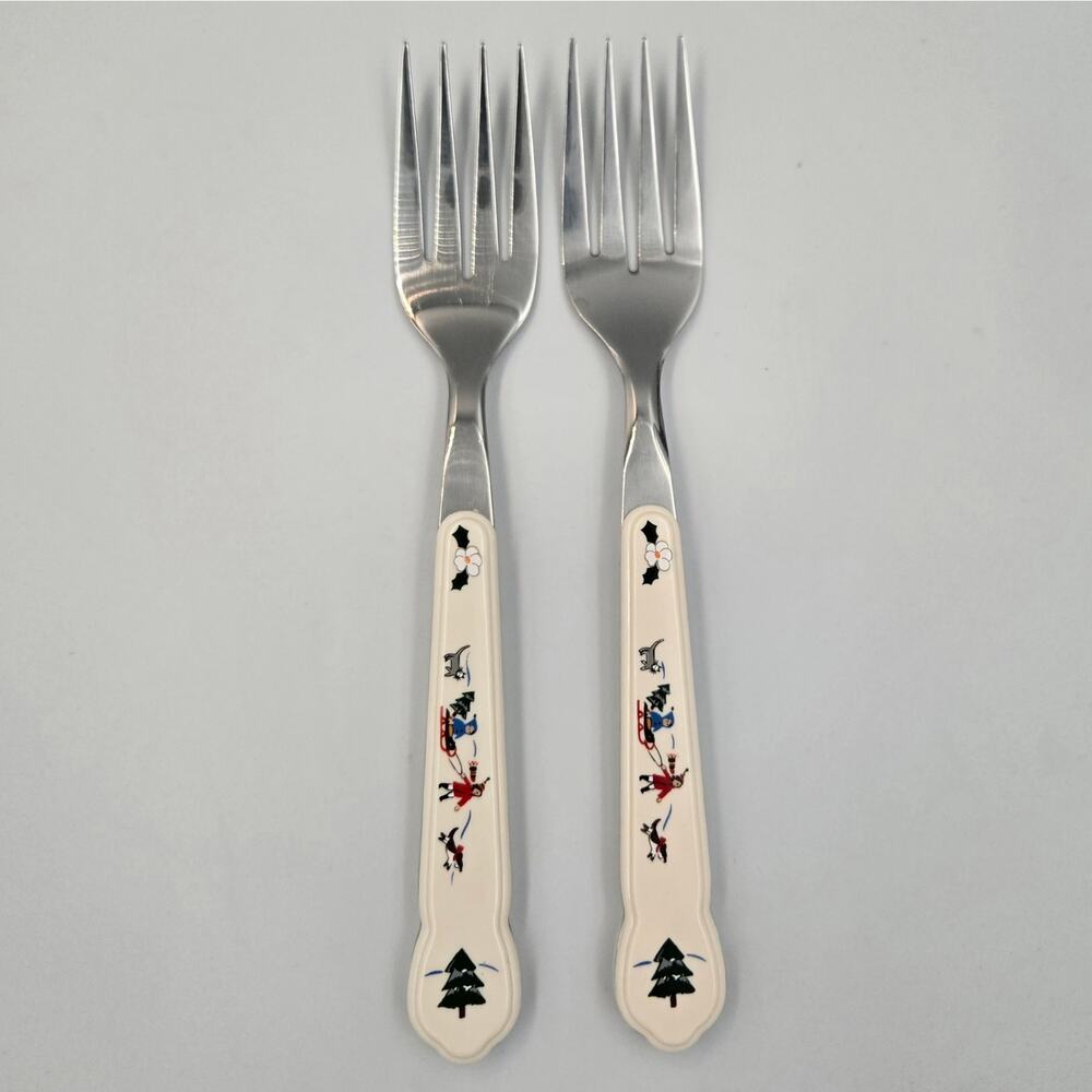 Two Pfaltzgraff Snow Village Stainless Steel Salad Fork Replacements